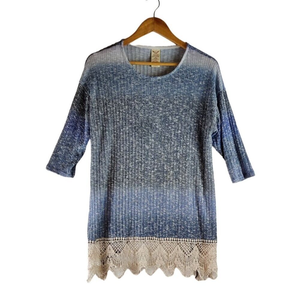 Tunic Soft Stretch Knit Crotchet Trim Faded Glory Shades of Blue Cotton Cottage - Picture 2 of 8